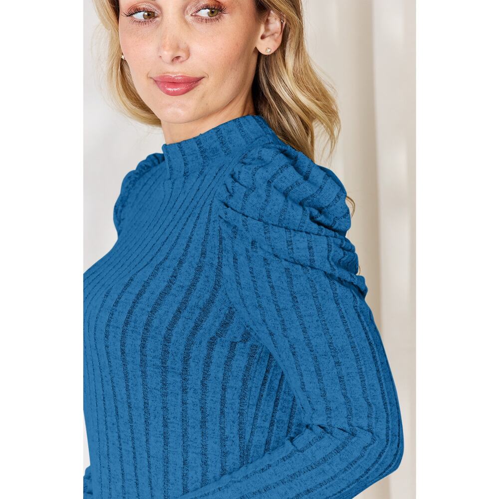 BASIC BAE Plus Blue Ribbed Mock Turtleneck Puff S… - image 4